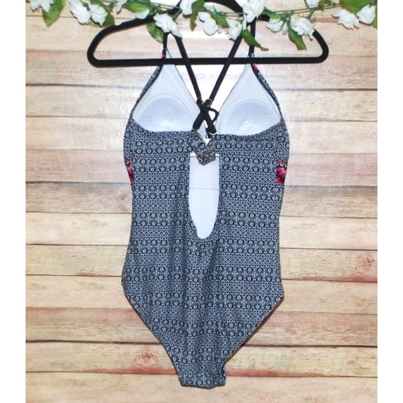 Kona Sol Black White Swimsuit Cut Out Back One Piece Size M V-Neck Floral Trim - Picture 7 of 11